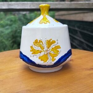 Vintage Sugar Bowl Ceramic White Yellow Hibiscus Floral Cobalt Blue Signed MCM
